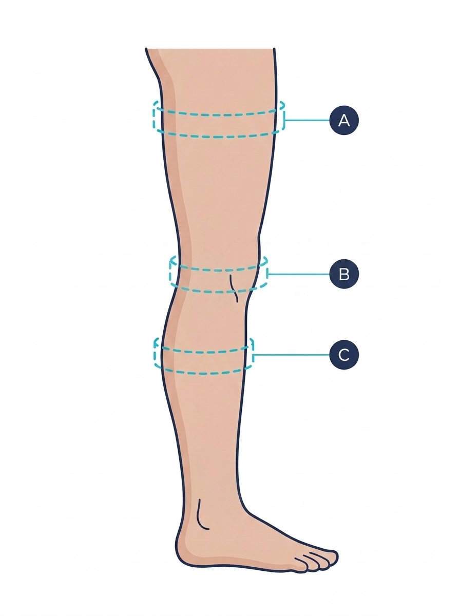 Ilustração de uma perna com três faixas de medição: coxa (A), centro do joelho (B) e perna (C).
