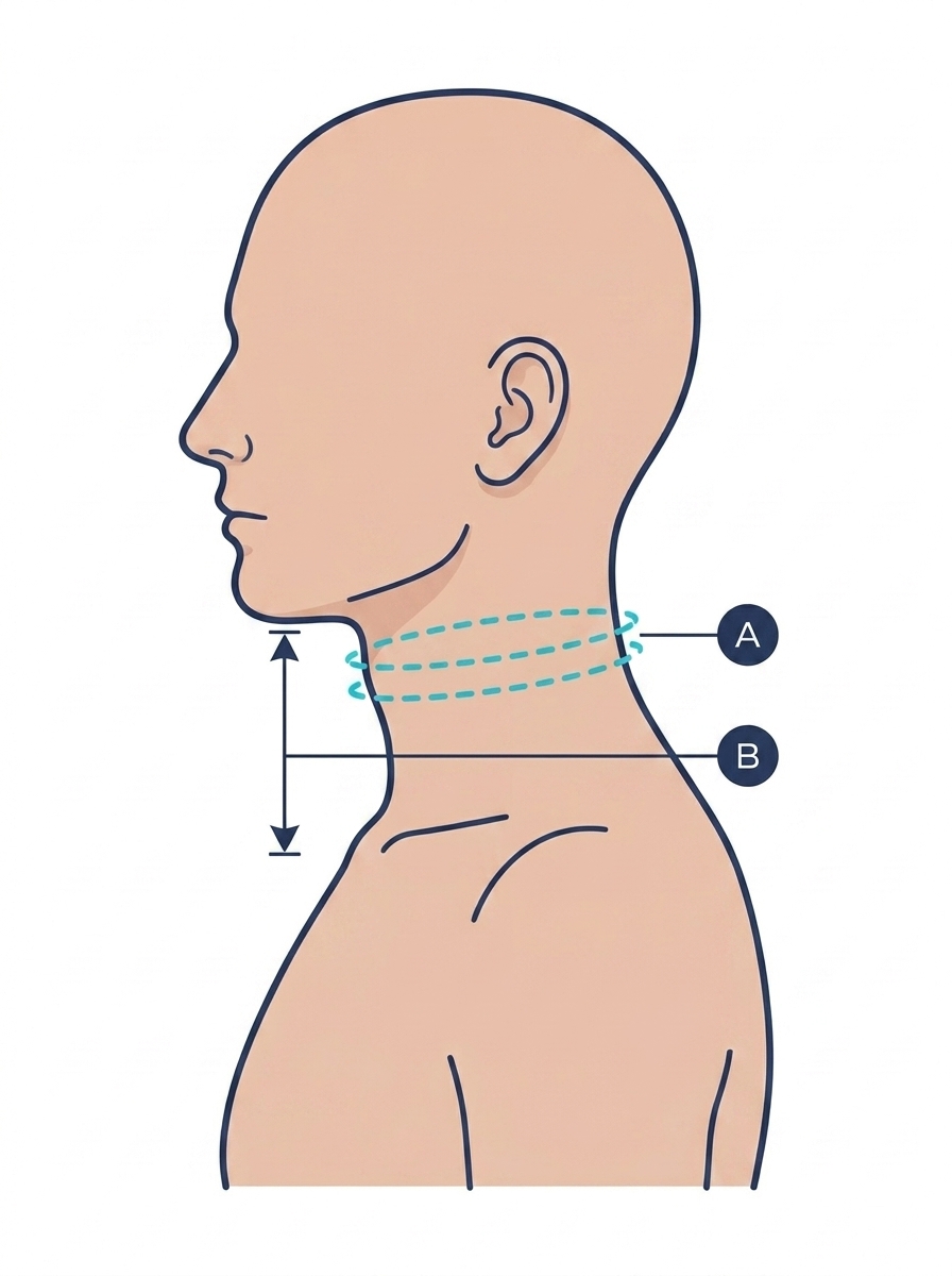 Ilustração de cabeça e pescoço de perfil com a faixa de circunferência do pescoço (A) e a seta vertical de altura, do queixo à base do pescoço (B).